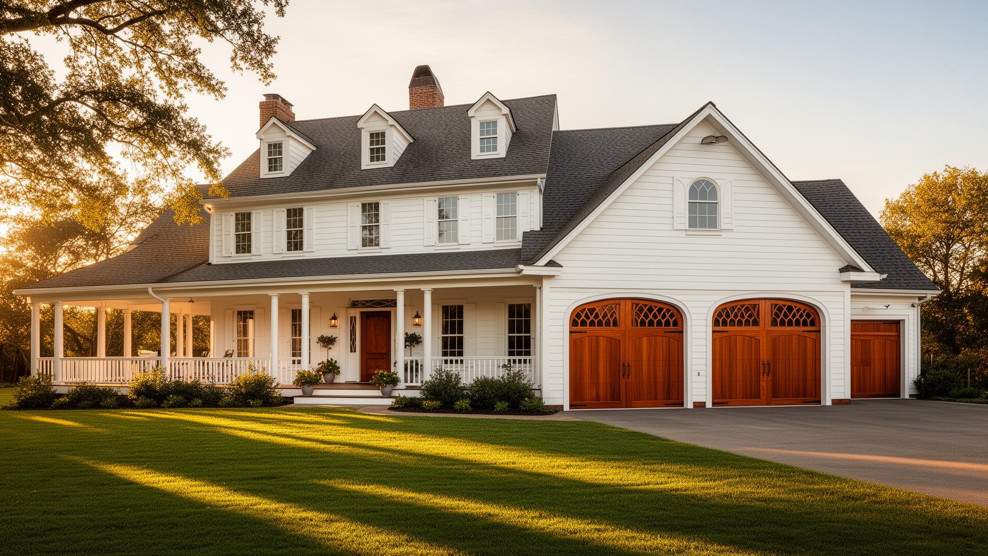 Beautiful mahogany wood garage doors with arched windows on a classic American farmhouse in Riddle, Oregon